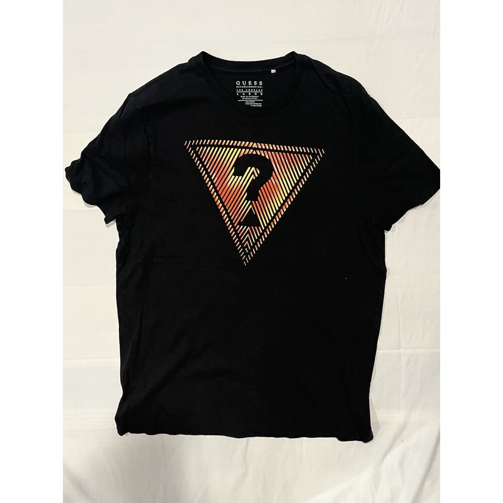 Guess Triangle Logo Shirt Mens Large Black Graphic Tee Orange Yellow